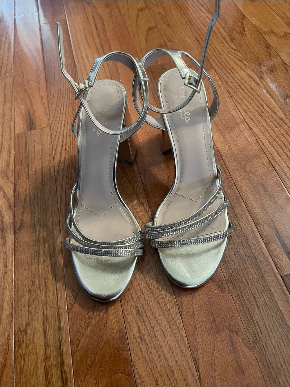 Charles By Charles David Gold Metallic Strappy Heels with Rhinestone Detail